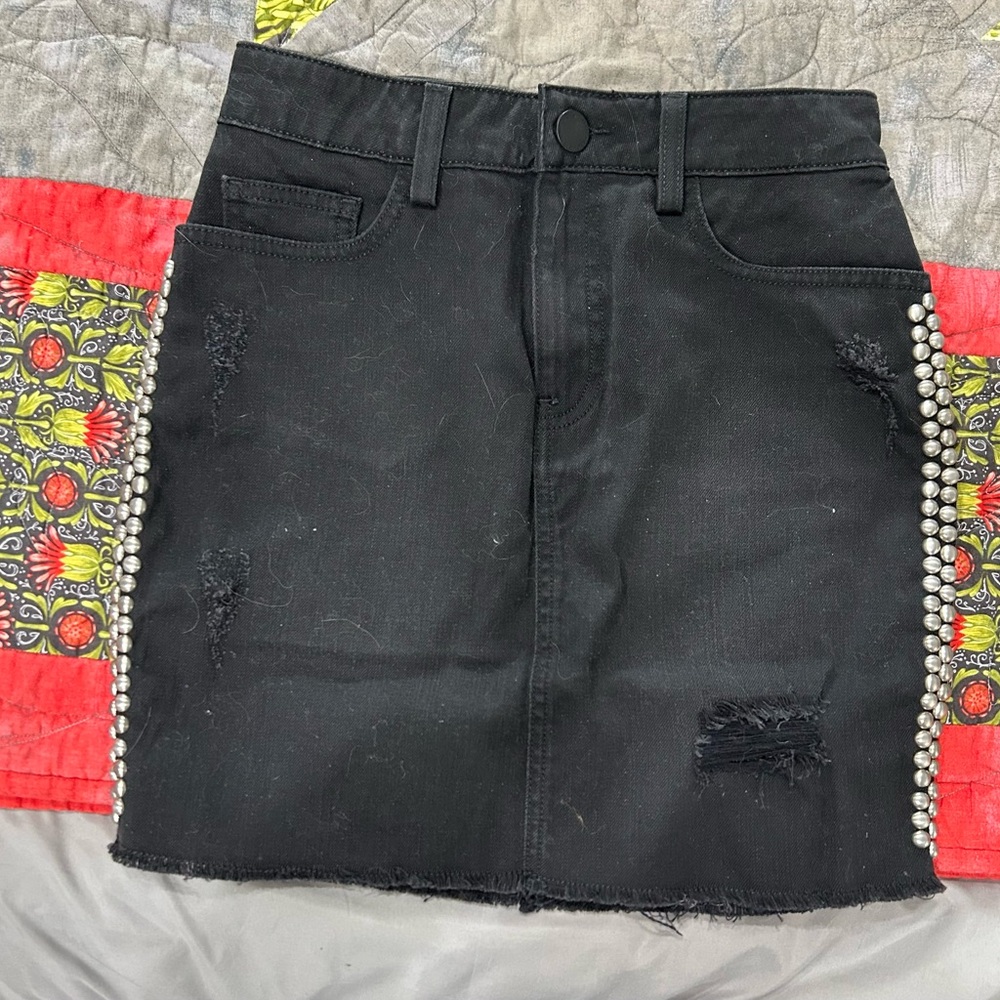 New with tags Etienne Marcel Black Denim Distressed mini skirt. Boutique